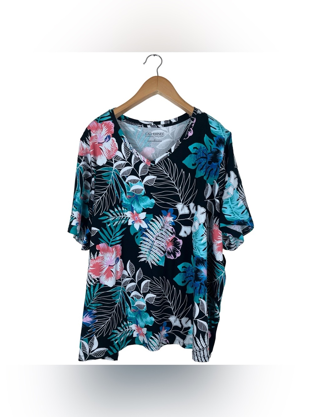 Catherines Suprema Collection Black Floral Tropical Tunic V-Neck Tee Women’s 4X
